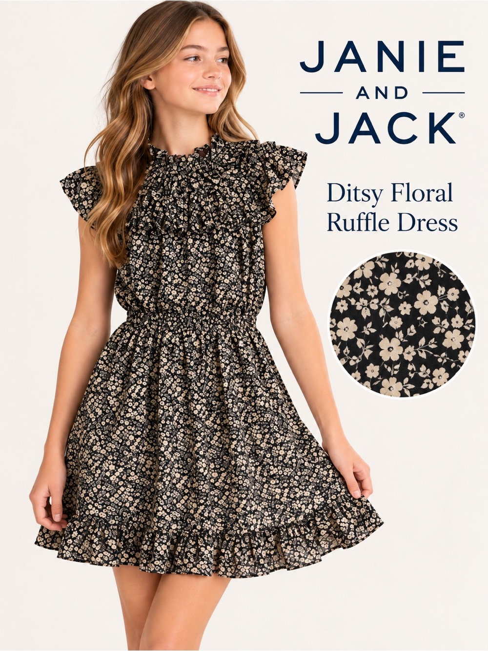 Janie and Jack Ditsy Floral Ruffle Dress Black Girls Size 16